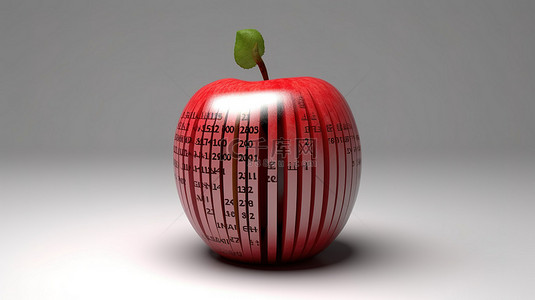 带有新鲜红苹果和条形码的白色背景的 3D 渲染