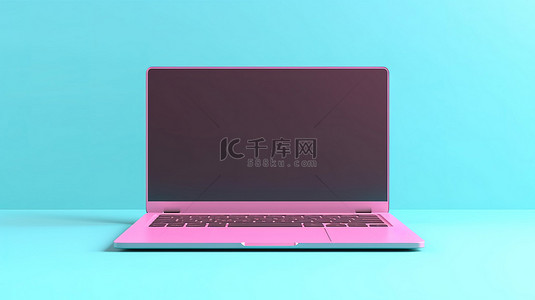 时尚的蓝色笔记本电脑，具有空白显示屏，适合您独特的设计，在充满活力的粉红色背景 3d 渲染上采用现代双色调风格