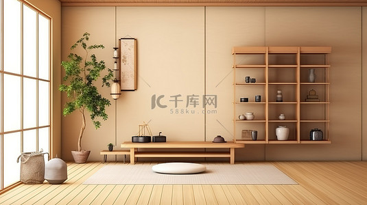 日本鲍鱼背景图片_日本风格的房间室内设计，配有滑动纸门柜架墙和榻榻米地板 3D 渲染