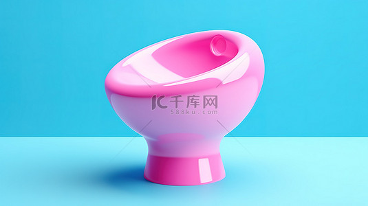 蓝色背景上光滑的粉色陶瓷马桶，采用 3D 渲染创建的双色调风格