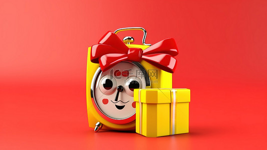 可爱卡通时间背景图片_可爱的闹钟吉祥物，拿着一个用 3D 技术创建的充满活力的黄色背景上包裹着红丝带的礼品盒