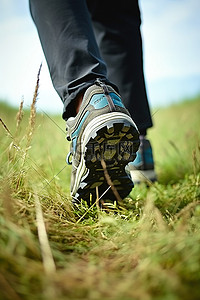 登山徒步背景图片_一个人穿着一双登山鞋在草地上徒步旅行