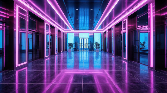 现代酒店大堂设有中央豪华餐厅和霓虹灯 3D 渲染