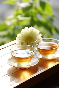 两碗茶背景图片_两碗茶坐在一朵橙花旁边