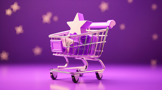 紫色背景的 3D 渲染与账单购物车星级评论符号和在线商店