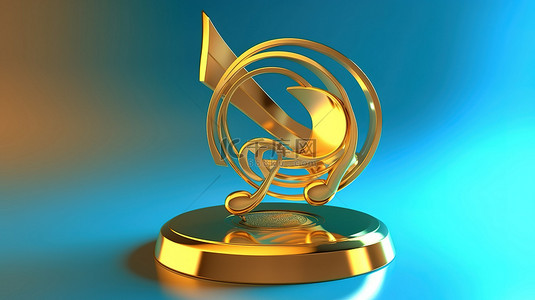 彩色背景音乐背景图片_蓝色背景上的音符与金奖的 3D 插图