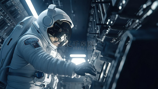 以宇航员执行任务为特色的空间站 3D 渲染