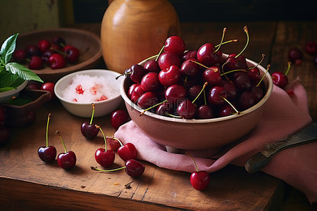 新鲜樱桃背景图片_乡村木桌上的樱桃食品摄影