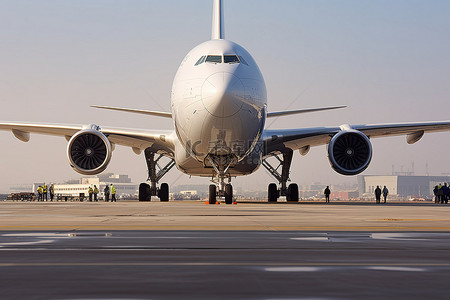 飞机空中背景图片_一架大型飞机停在跑道上，跑道上挤满了等待登机的人