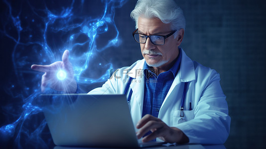 男性医生使用笔记本电脑和手机进行多任务处理的 3D 合成图像