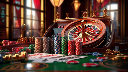 赌场元素轮盘赌卡骰子筹码和老虎机背景的 3D 插图