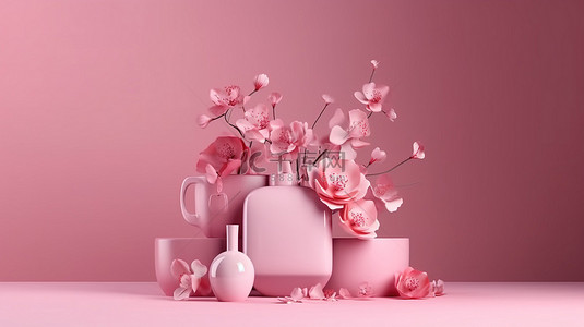 夏季美容背景图片_最小基座上的春花花束 3D 呈现粉红色背景的美容产品