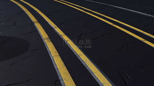 柏油地背景图片_带有充满活力的黄线标记的 3D 渲染柏油路的自上而下视图