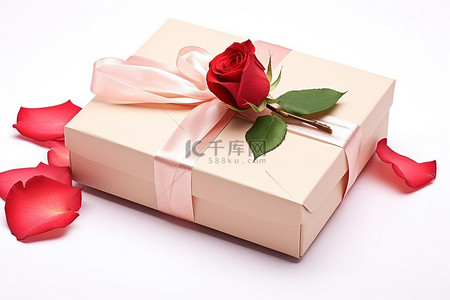 一个礼品盒，叶子顶部有玫瑰，与白色隔离