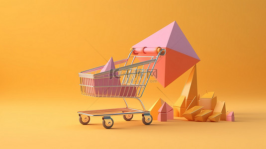 购物车背景背景图片_超市购物车用纸飞机运送货物的富有想象力的插图