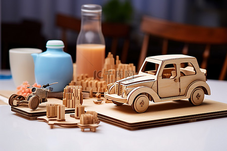 胶粘行业背景图片_木制玩具胶粘一杯咖啡和食物