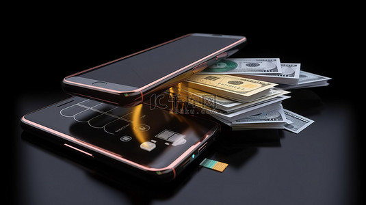 带现金和信用卡的智能手机在线支付概念 3D 渲染