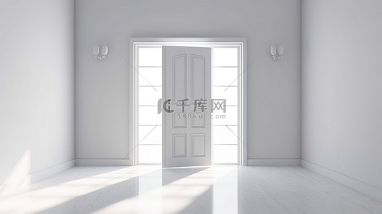 3D 渲染白色门在阳光照射的背景下处于关闭位置，带有阴影和阴影