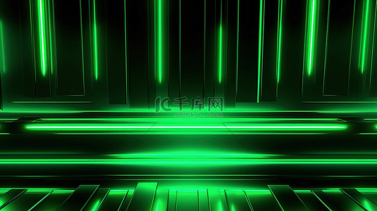 充满活力的霓虹绿色背景与明亮的光芒 3D 插图