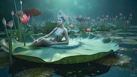 令人惊叹的 3D 艺术迷人仙女栖息在奇幻风景中的荷叶上
