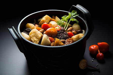 黑色金属锅里的食物里装满了豆子和坚果