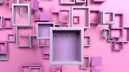 双11悬浮框背景图片_粉色银色和紫色金属几何框架的悬浮 3D 渲染