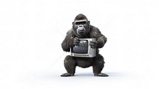抓住背景图片_搞笑的 3D 大猩猩紧紧抓住电视