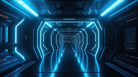 未来派科幻插图宇宙飞船中的霓虹蓝色走廊 3d 渲染图像