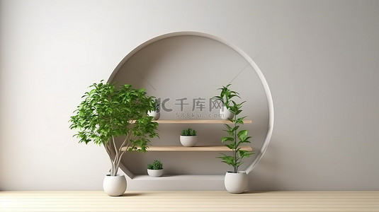 室内绿色植物背景图片_室内绿色植物和架子装饰墙的 3D 渲染