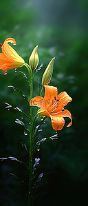橙色的花背景图片_两朵橙色的花生长在模糊的绿色田野中