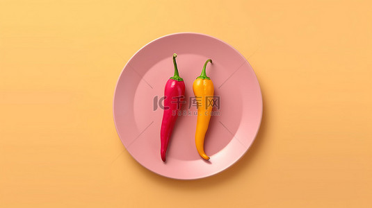辣背景图片_3d 创建的充满活力的粉红色背景上带有红色和黄色辣椒的盘子的顶部视图，并配有叉子和刀子