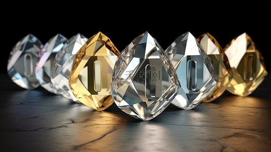 号码背景图片_前 10 个金银水晶周年纪念号码的 3D 渲染插图