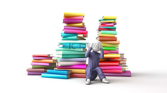 白色背景，3D 渲染有压力的人站在一堆彩色的教科书附近