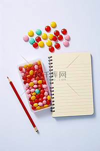 糖果框背景图片_为白色的笔记本和糖果加油