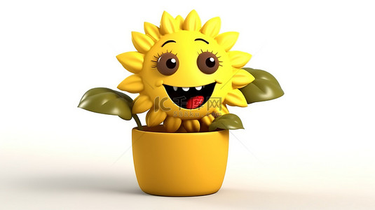 一个令人愉快的 3D 卡通人物，向日葵在欢快​​的黄色花盆里，白色背景