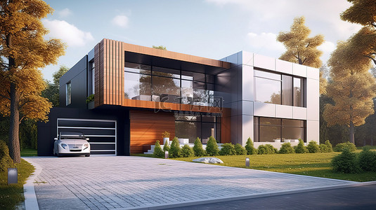 当代住宅和宽敞的车库，配有混凝土驱动 3D 渲染精致的住宅建筑