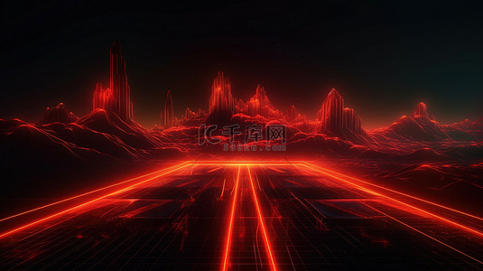 速度与科技背景图片_霓虹灯线框风景与红光轨迹抽象技术 3D 渲染