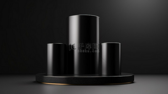 豪华 3D 渲染抽象背景，配有用于产品展示的黑色圆柱讲台底座
