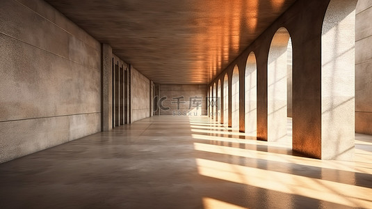 阳光在混凝土地板上投射阴影的空地下通道的 3D 渲染