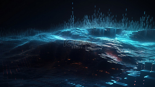科技蓝黑背景图片_太空漫游 3d 渲染数字波和闪闪发光的正方形