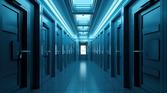 灰色白黑背景图片_银色几何形状装饰明亮的蓝色走廊，门部分打开，抽象 3D 插图