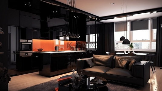 别致的装饰艺术公寓时尚的黑色厨房宽敞的起居区 3d 渲染