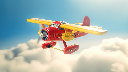 卡通小飞机背景图片_1 3D 渲染的玩具飞机在多云的天空上空翱翔插图