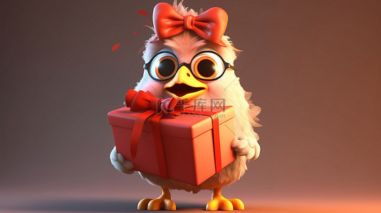抓着礼物的搞笑 3D 小鸡艺术品