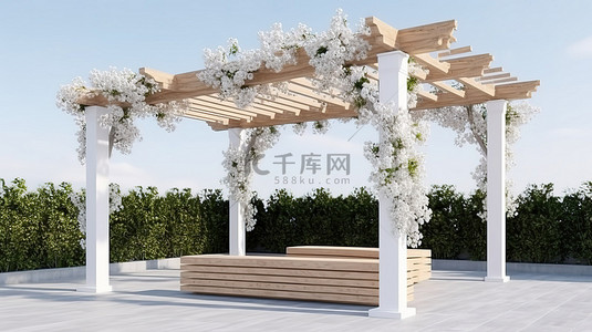 3D 渲染中的花卉和木材装饰的白色凉棚