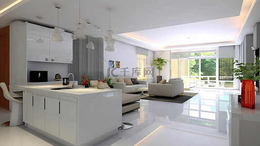 家居室内装饰背景图片_白色顶部柜台 3D 渲染设计精美的家居室内装饰