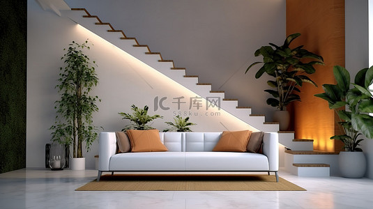 大堂设有时尚舒适的沙发，毗邻通往上层 3D 可视化的楼梯