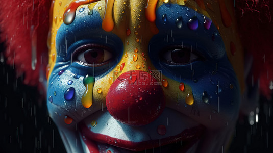 眼泪的背景图片_一个 3d 渲染的小丑的特写，有一张快乐的脸和眼泪