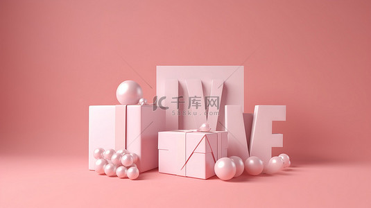 情人节礼物盒和粉红色背景上白色 3D 渲染的爱情文字