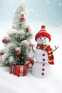 雪地上有礼物树和雪的雪人